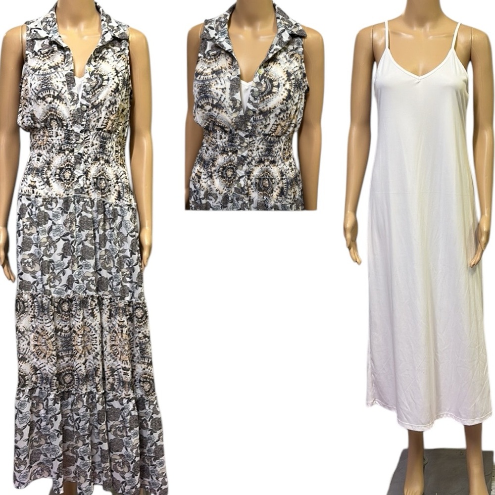 Collared Sleeveless Printed Maxi Dress with White Slip